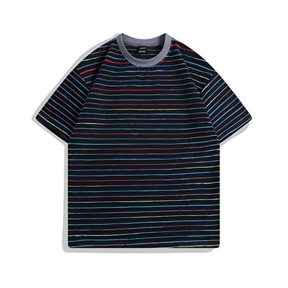 Man wearing a loose-fit striped short sleeve t-shirt with a round neck in a grey colour.