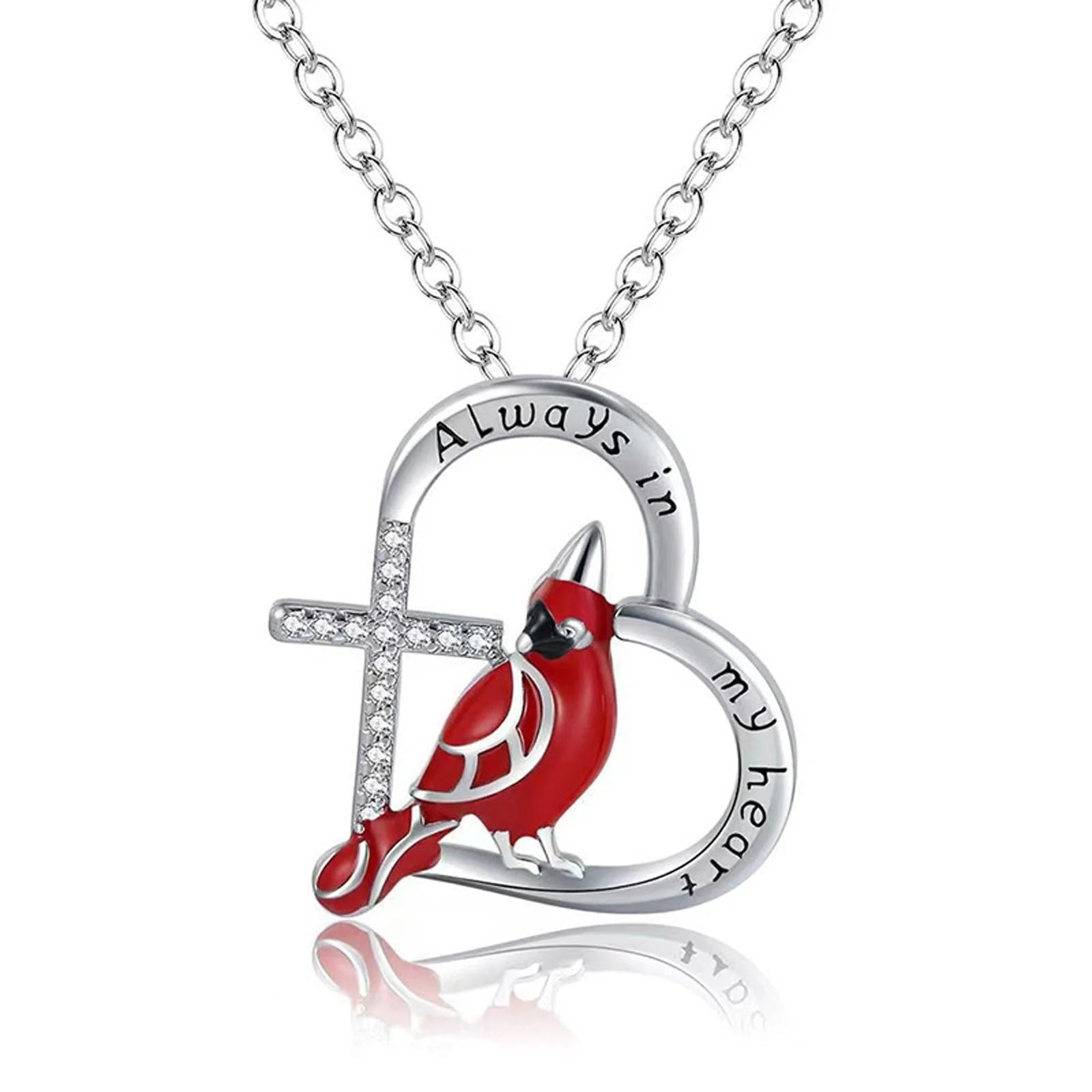 Elegant heart-shaped cardinal pendant necklace with a silver finish, perfect for gifting.