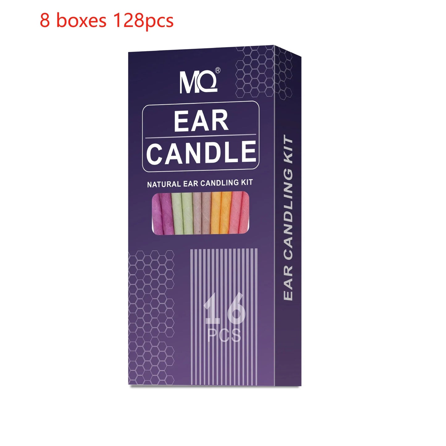 Boxed set of 16 cotton cloth ear candles, 8 protection boards, and 16 swabs in various colours