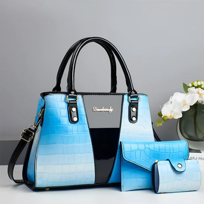 Women's three-piece crocodile stitch shoulder bag set in PU leather, showing main bag, small bag, and card holder.