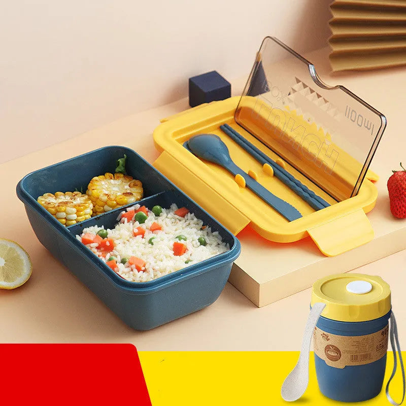 Green four-layer stacked plastic bento box with separate compartments for food, shown next to red and yellow options.