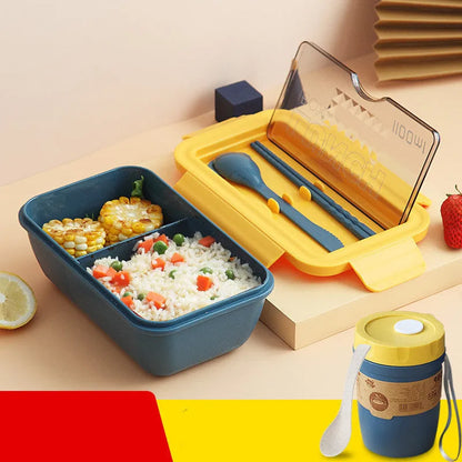 Green four-layer stacked plastic bento box with separate compartments for food, shown next to red and yellow options.