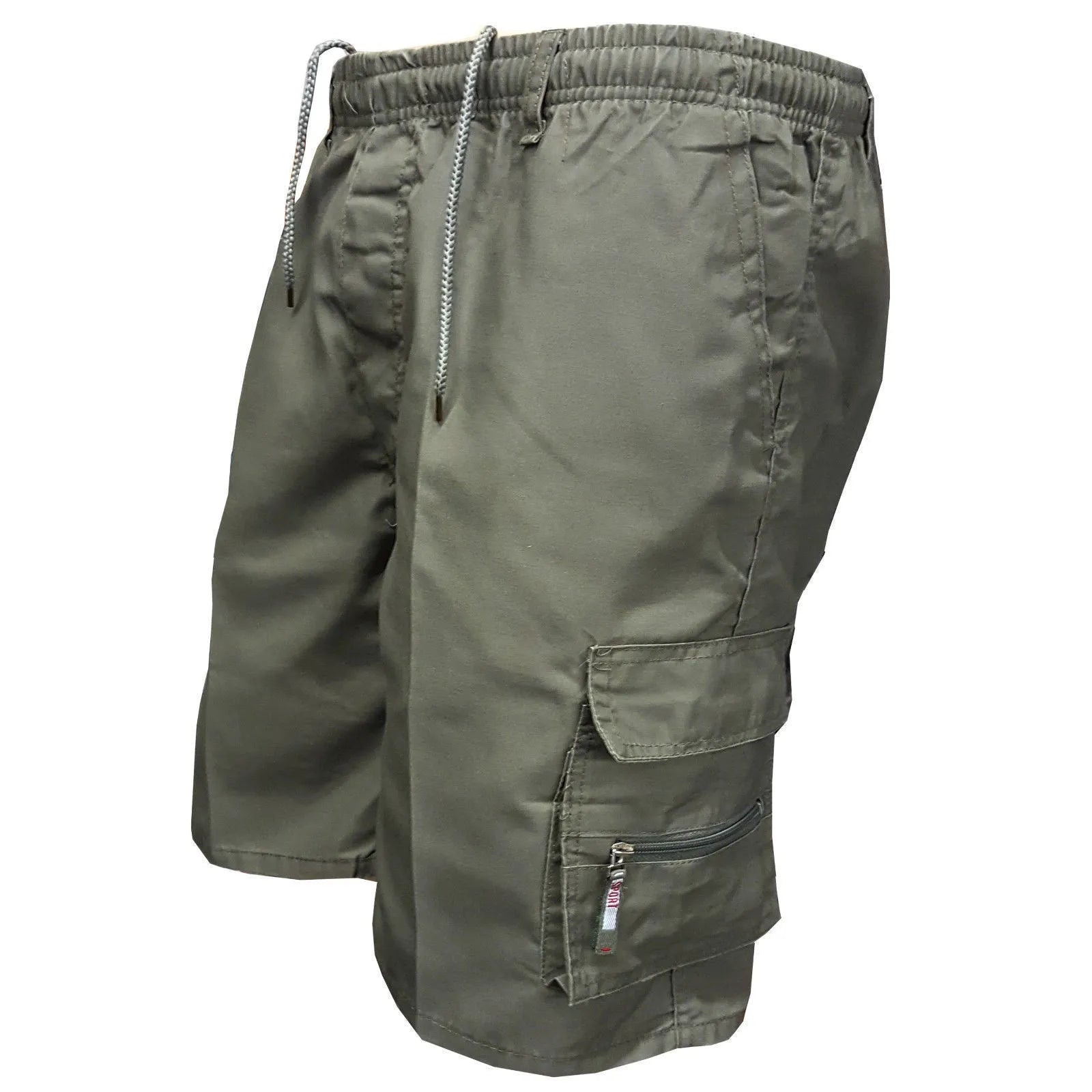 Men's multi-pocket cotton casual shorts in khaki with a drawstring waistband, shown in a loose fit.