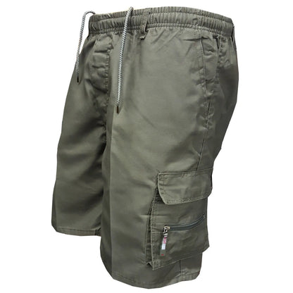 Men's multi-pocket cotton casual shorts in khaki with a drawstring waistband, shown in a loose fit.