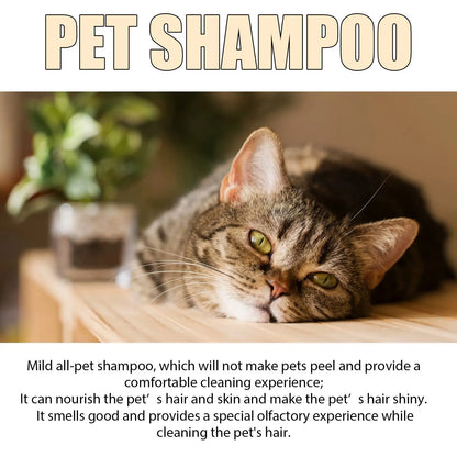 A bottle of mild pet shampoo for dogs, showing 100ml and 300ml size options.