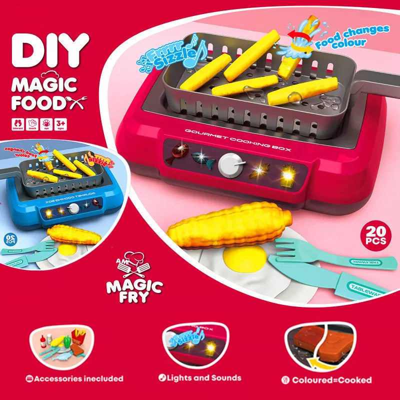 Children's induction kitchen toy set with colour-changing food feature, red and blue options