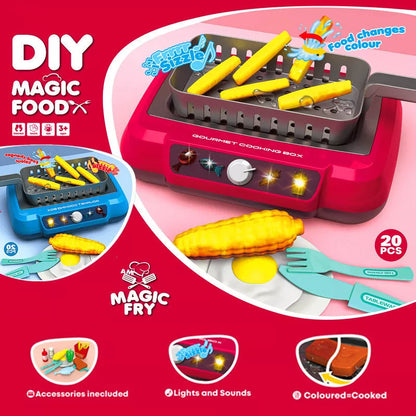 Children's induction kitchen toy set with colour-changing food feature, red and blue options
