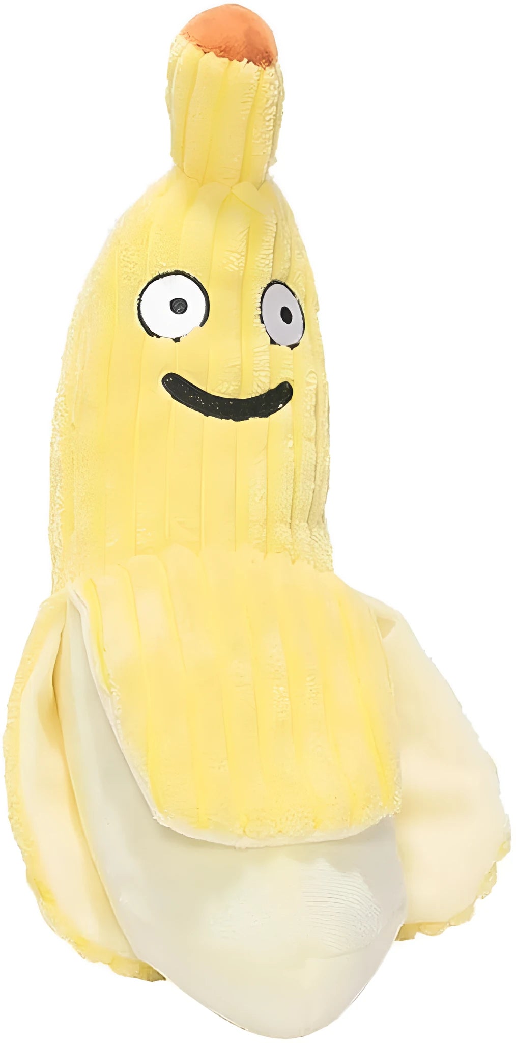 Yellow soft plush banana cat toy with green leaf, measuring 13 inches long, on a plain background.