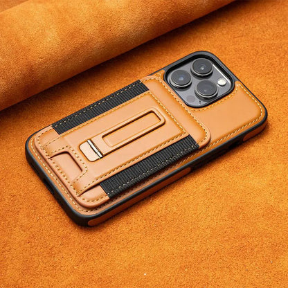 Magnetic card holder iPhone case in imitation leather with bracket, drop-resistant, shown in Black, Blue, Light Brown and Wine Red.