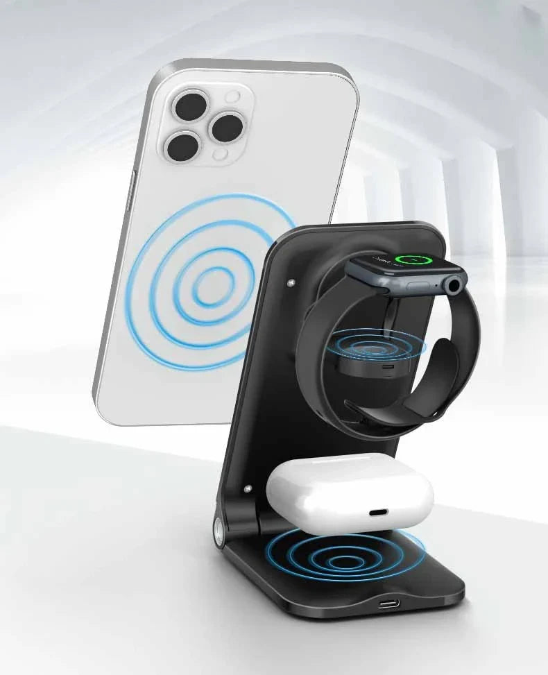 Adjustable three-in-one wireless charging station for smartphones, tablets, and smartwatches with space-saving and safety features