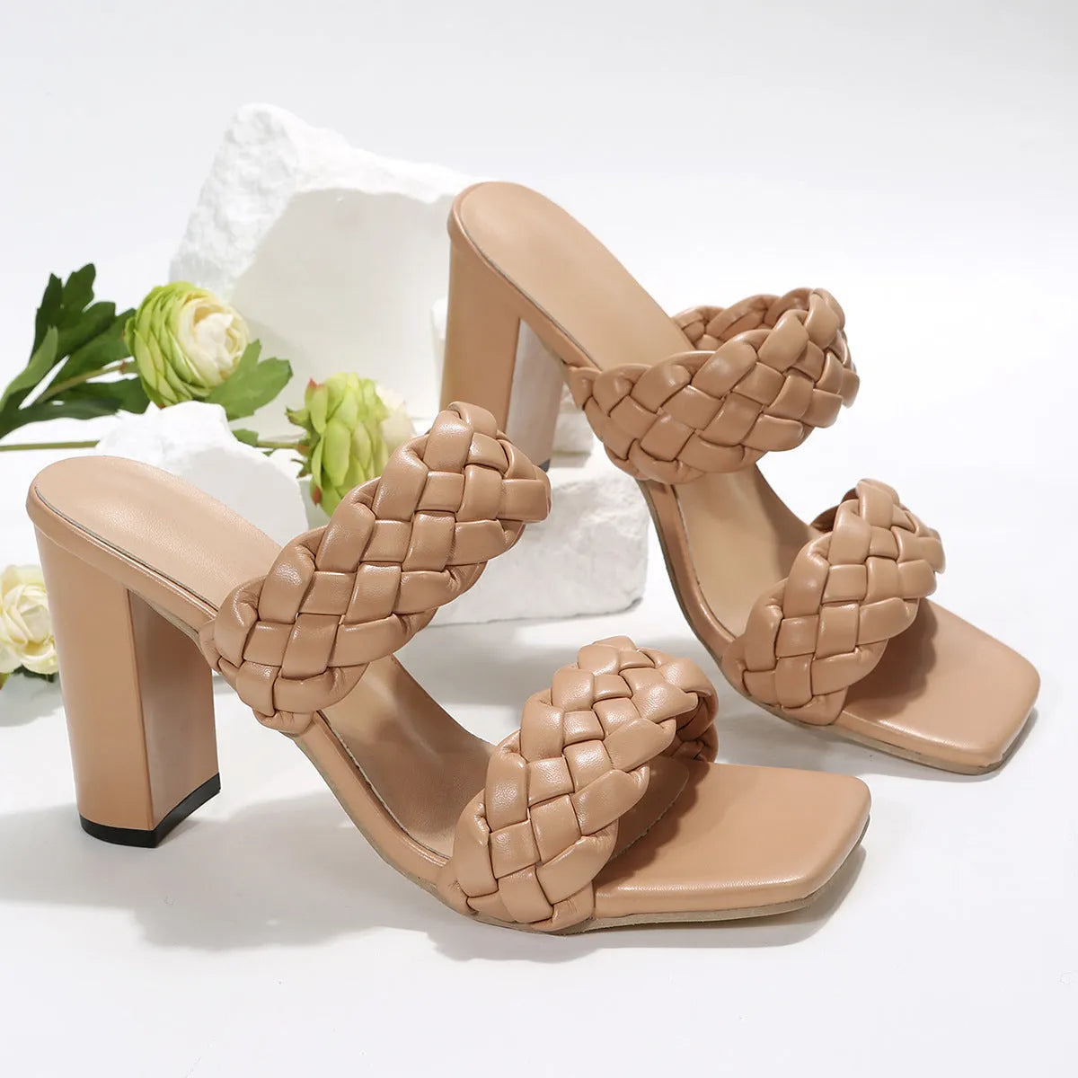 Square toe flip-flops with woven twisted straps and chunky heel in apricot colour