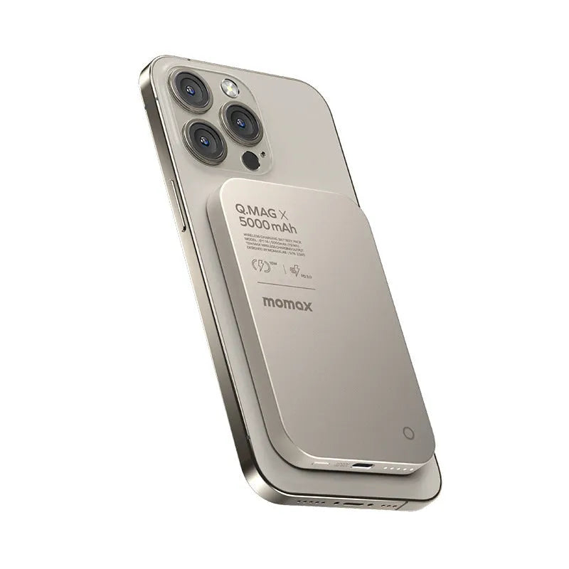 Black and titanium gold magnetic wireless alloy power bank showing capacity options.