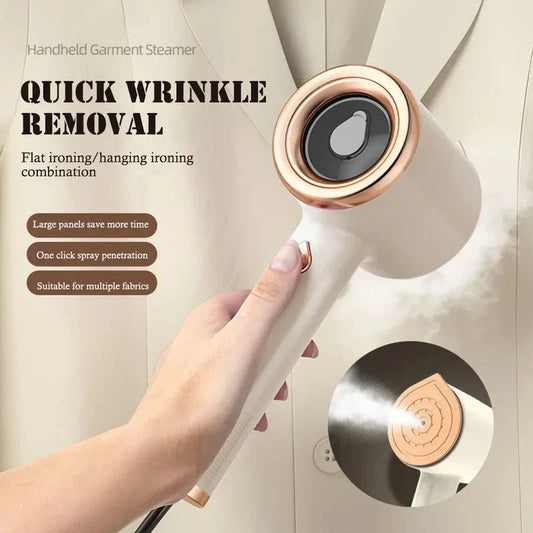 Compact, portable garment steamer with titanium-coated soleplate for wrinkle-free clothes at home or on the go