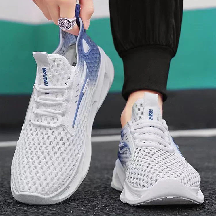 Breathable mesh running shoes with lace-up closure, available in black, white blue, and white grey colors