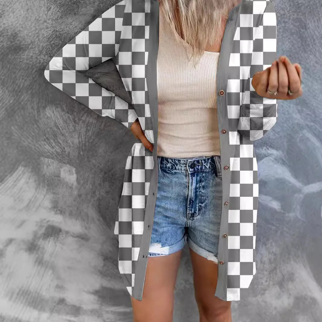 Women's long plaid knitted cardigan coat in polyester fabric with regular sleeves