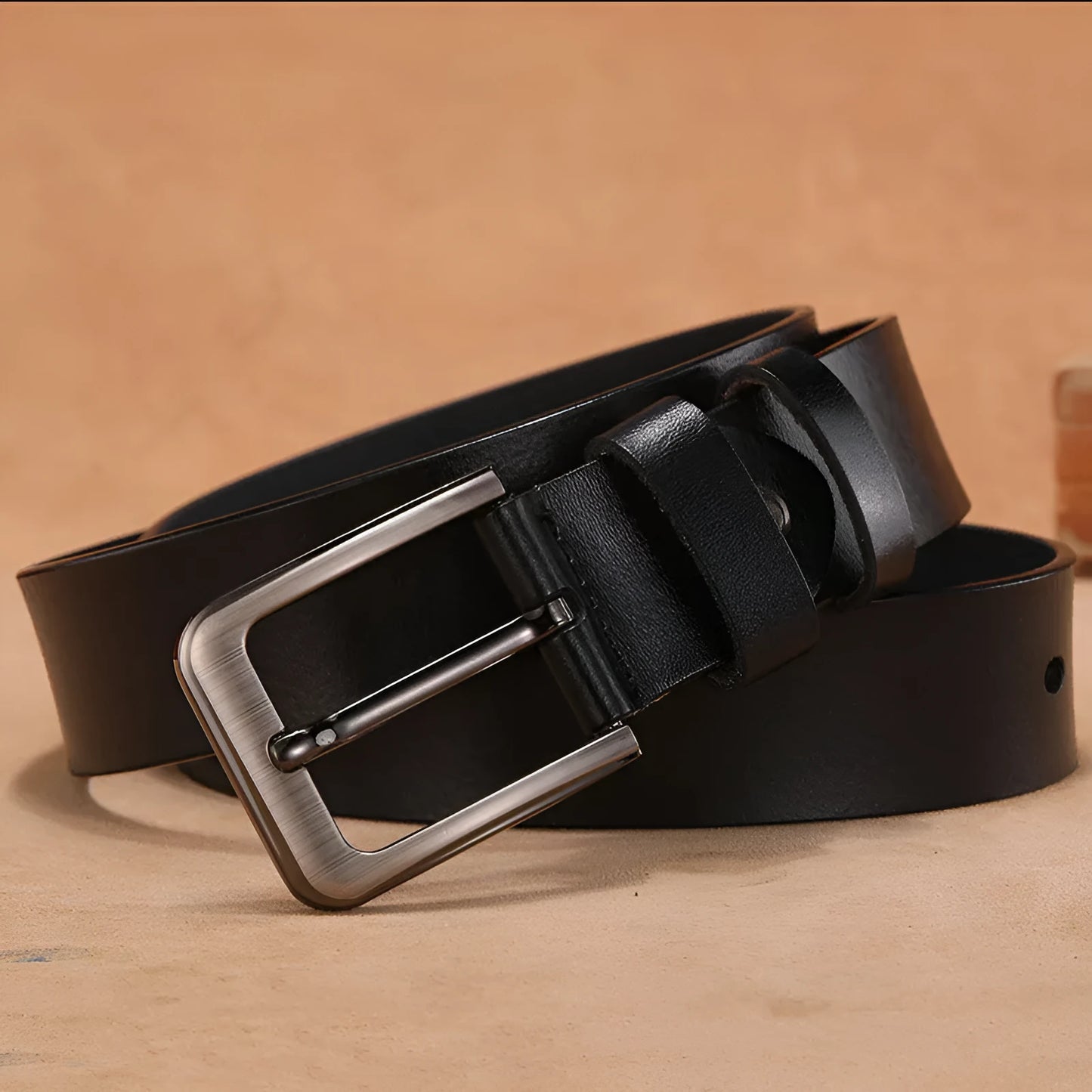 Casual jeans belt with a silver alloy square head needle buckle, shown in black.
