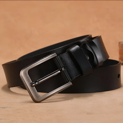 Casual jeans belt with a silver alloy square head needle buckle, shown in black.