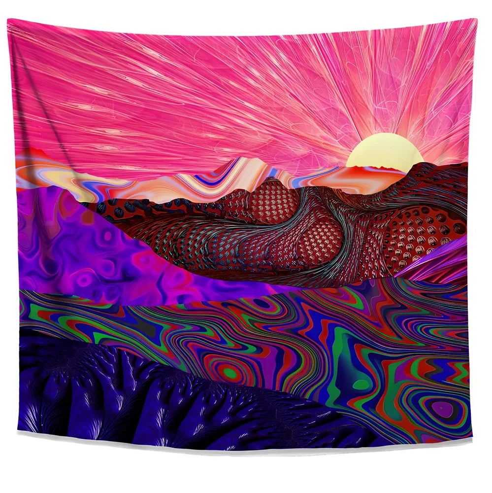 Bohemian psychedelic sunset pattern tapestry blanket in polyester, 150x100cm short plush size, machine woven for dorm walls
