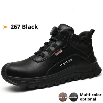 Flyknit work safety shoes with leather upper and rubber sole in multiple colour options