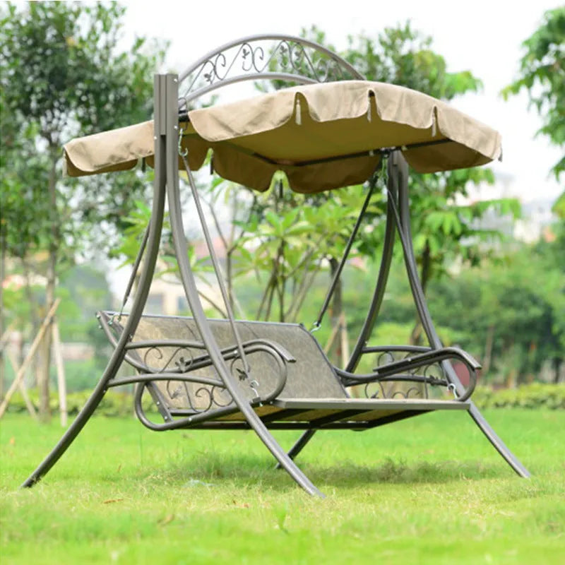 Outdoor leisure furniture rocking chair iron swing with alloy steel frame for three people featuring Teslin mesh backrest, European rustic style design, and anti-slip feet for garden or patio use.