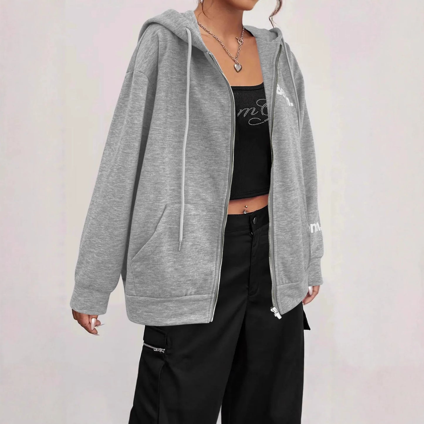 Grey letter print sweater coat with zipper front and loose Japanese-style fit