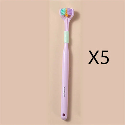 A soft bristle toothbrush with a unique triple-sided brush head for deep cleaning and customizable bristle firmness.