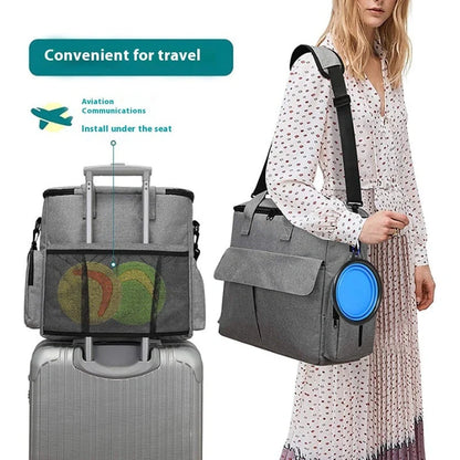 Gray dog travel bag kit with removable divider and multiple carrying options