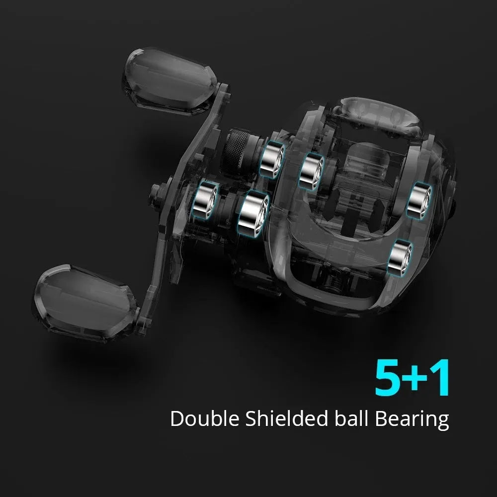 Drip wheel fishing reel for lure fishing available in left or right hand wheel models.
