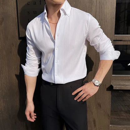 Men's striped V-neck long sleeve shirt in polyester blend available in four colours
