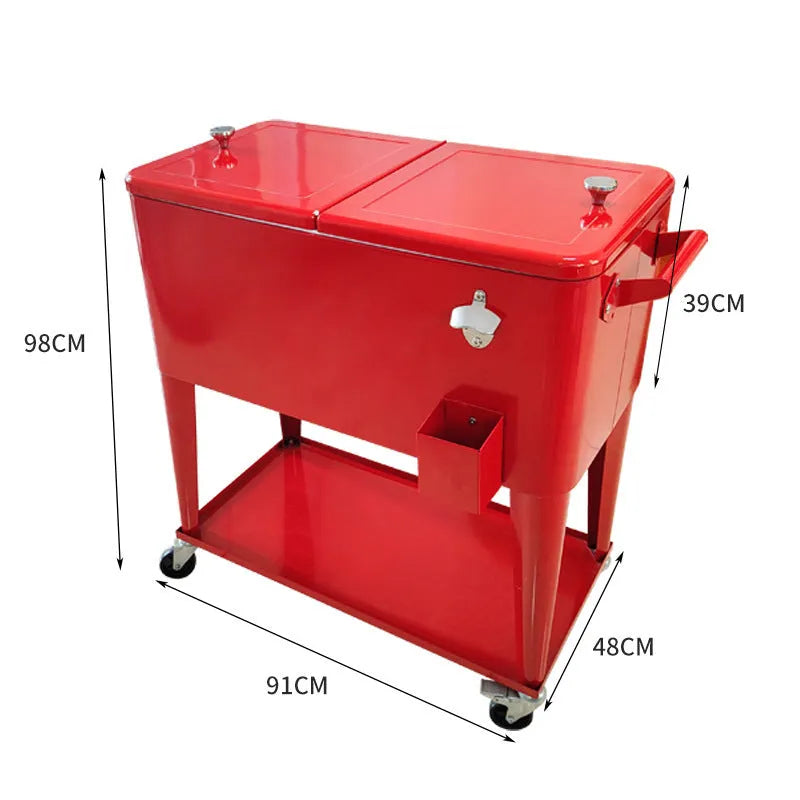 Red outdoor insulated picnic trolley with metal heat preservation box and wheels