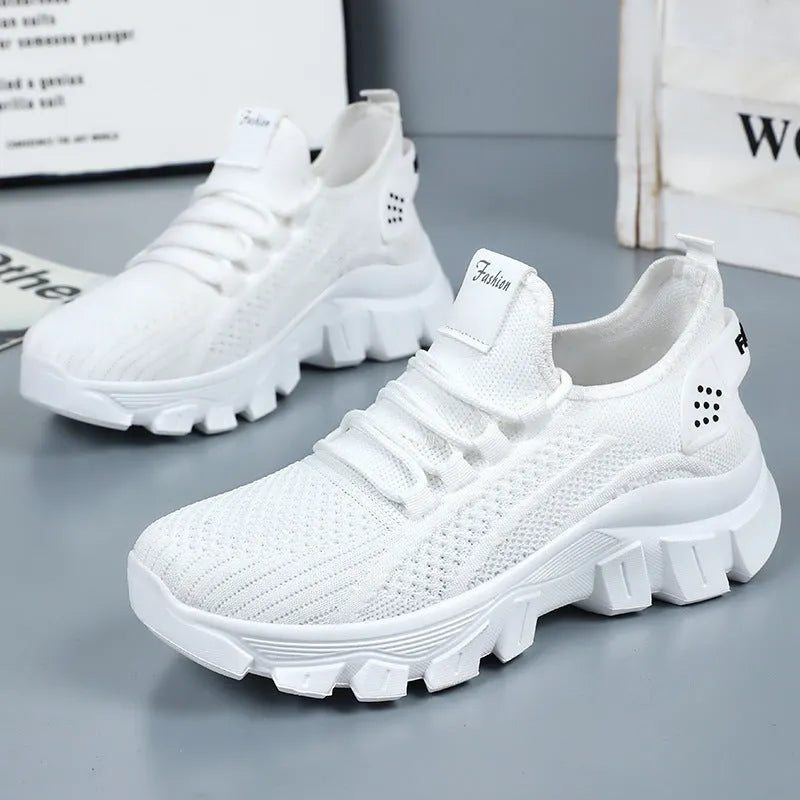 Women's Flyknit running sneakers with PVC sole in white, pink, beige, or black