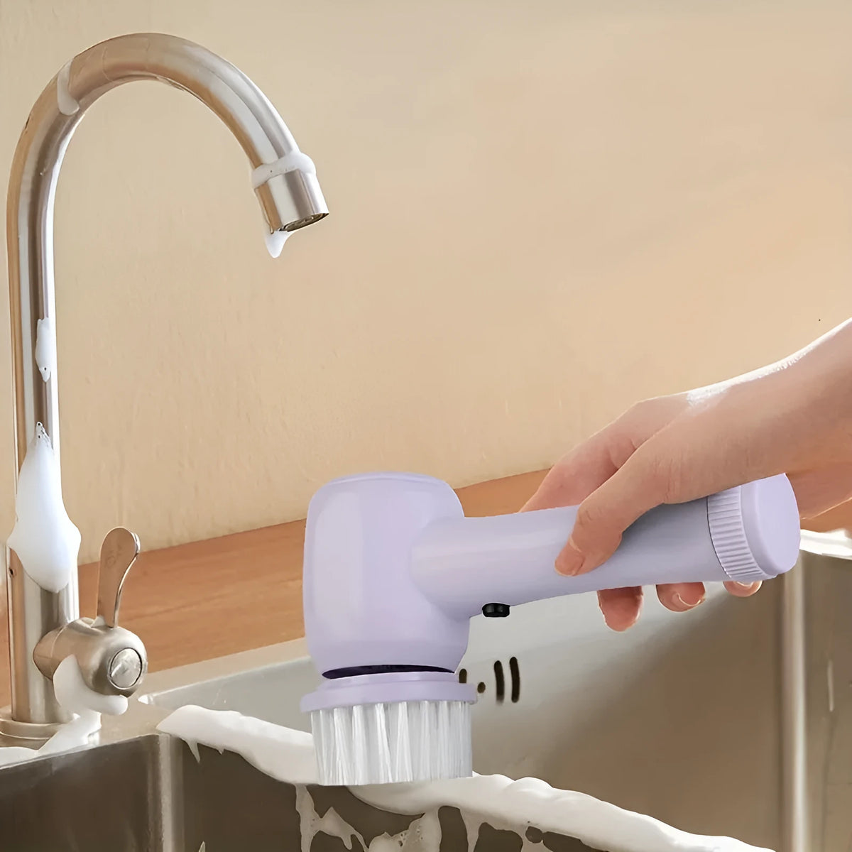Purple and white 5-in-1 cordless electric rotary brush cleaner set for bathroom sink, kitchen, and window cleaning