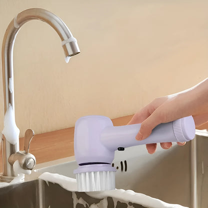 Purple and white 5-in-1 cordless electric rotary brush cleaner set for bathroom sink, kitchen, and window cleaning