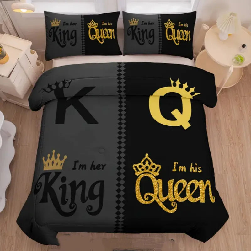 Light grey digital printed quilt cover set with two pillowcases on a bed