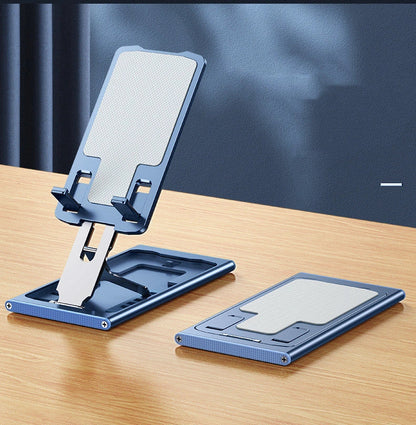 Aluminum alloy mobile phone stand in grey, rose gold, silver, and blue, adjustable angle for desktop use