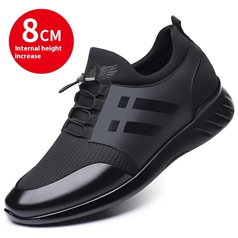 Men's black casual sneakers with a hidden internal heel lift, available in leather, Lycra and mesh upper options.