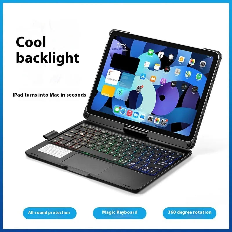 Rose gold Miaocontrol rotating Bluetooth keyboard case holding a silver iPad Pro in landscape mode, showing the trackpad.