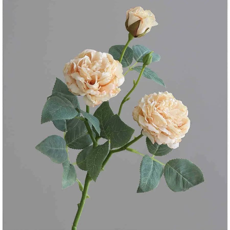 Three-head artificial silk rose flower arrangement with baked edge petals in six colour options