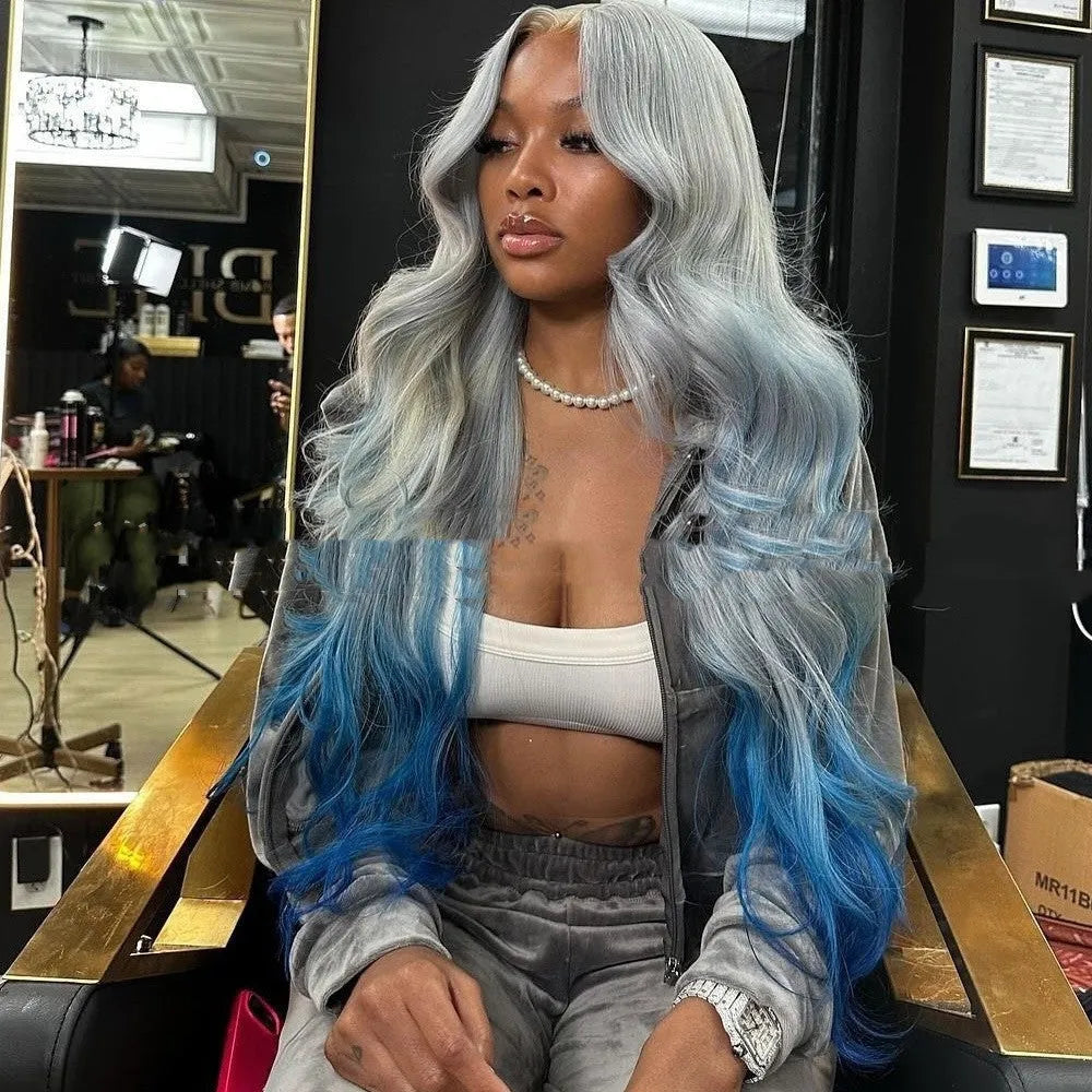 Grey blue ombre lace front wig on a mannequin head, showing long gradient hair and 4x4 lace base.