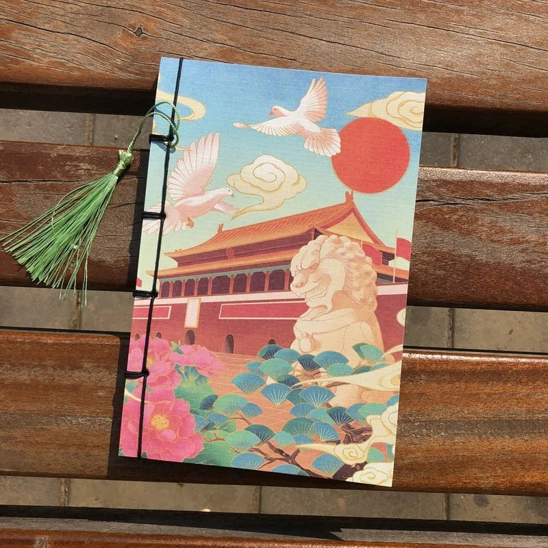 A5 antique wire-bound notebook with classical artwork cover, black oil wax rope binding, and decorative tassels