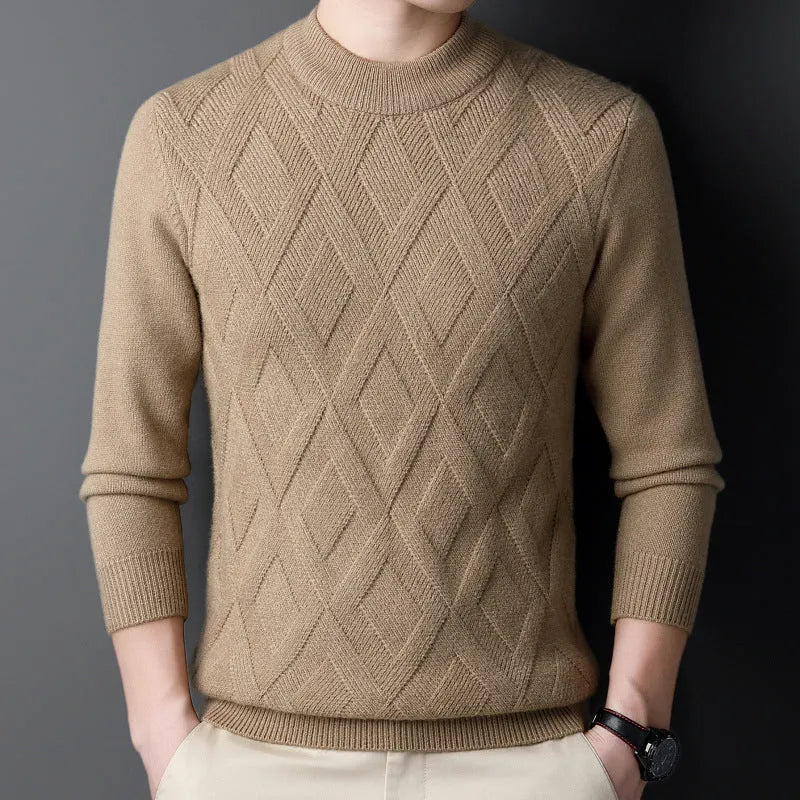 Men's thick winter pullover sweater with diamond jacquard pattern in a light camel colour.