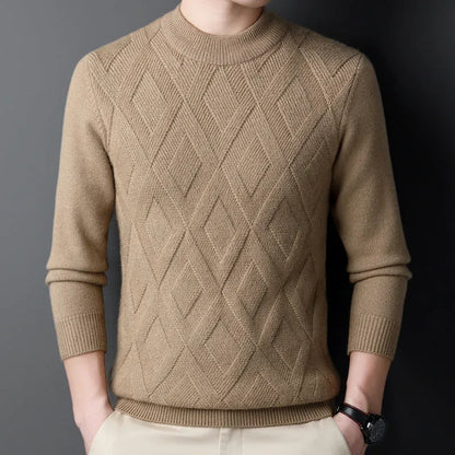 Men's thick winter pullover sweater with diamond jacquard pattern in a light camel colour.