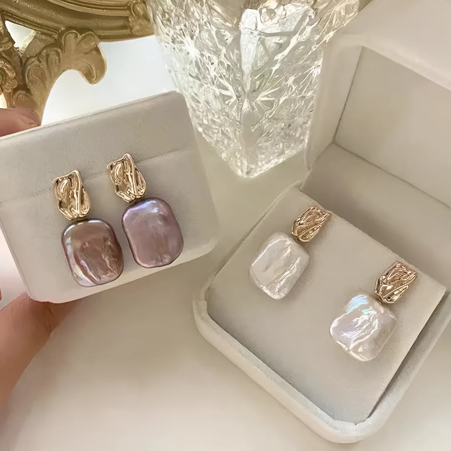 Geometric quadrilateral freshwater pearl stud earrings in purple, white or pink colours with alloy settings