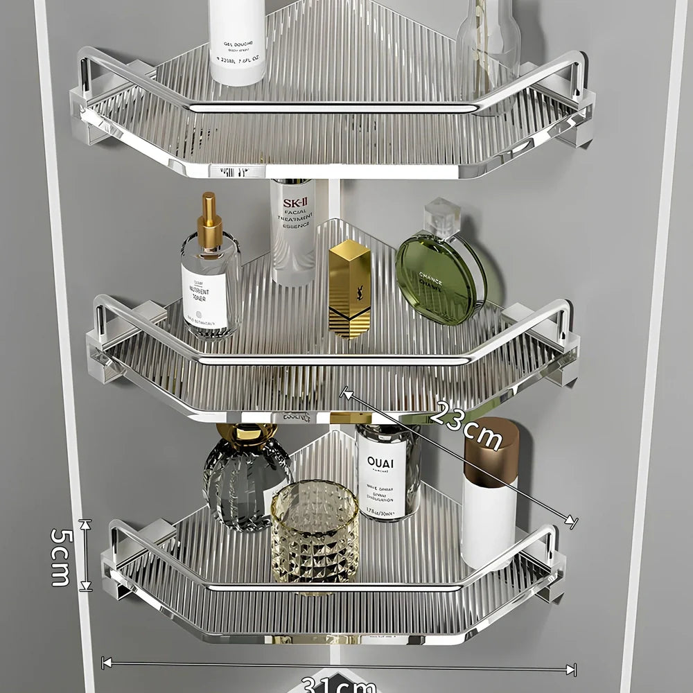 Acrylic bathroom shelving unit with space aluminium frame in gold or silver finish