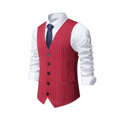 A man's striped suit vest with a non-ironing finish, shown in a red stripe pattern with a mitered hem.