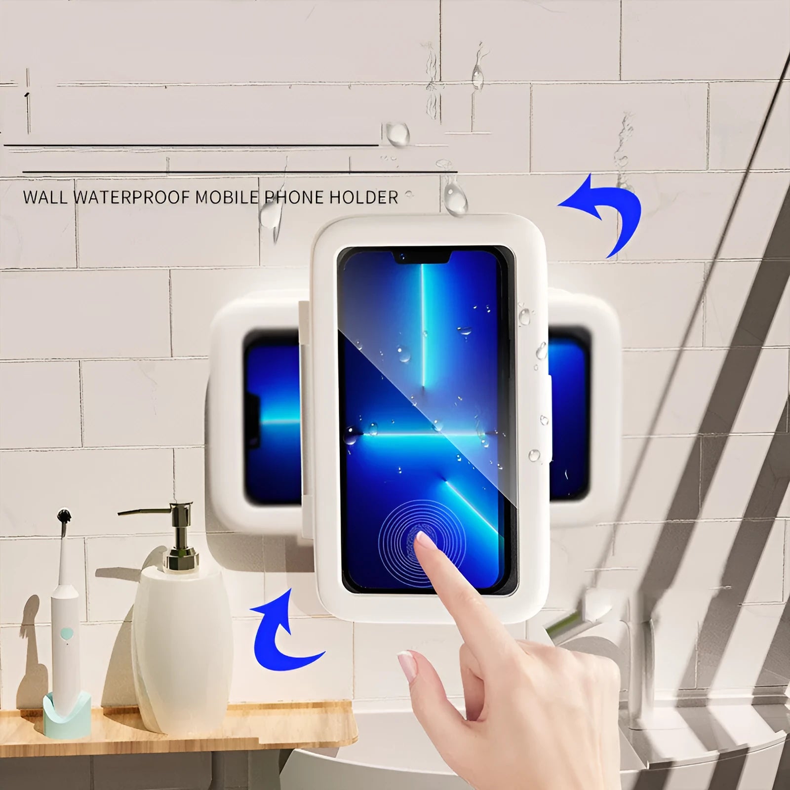 White waterproof phone case mounted on bathroom tile showing smartphone inside with touch screen accessible