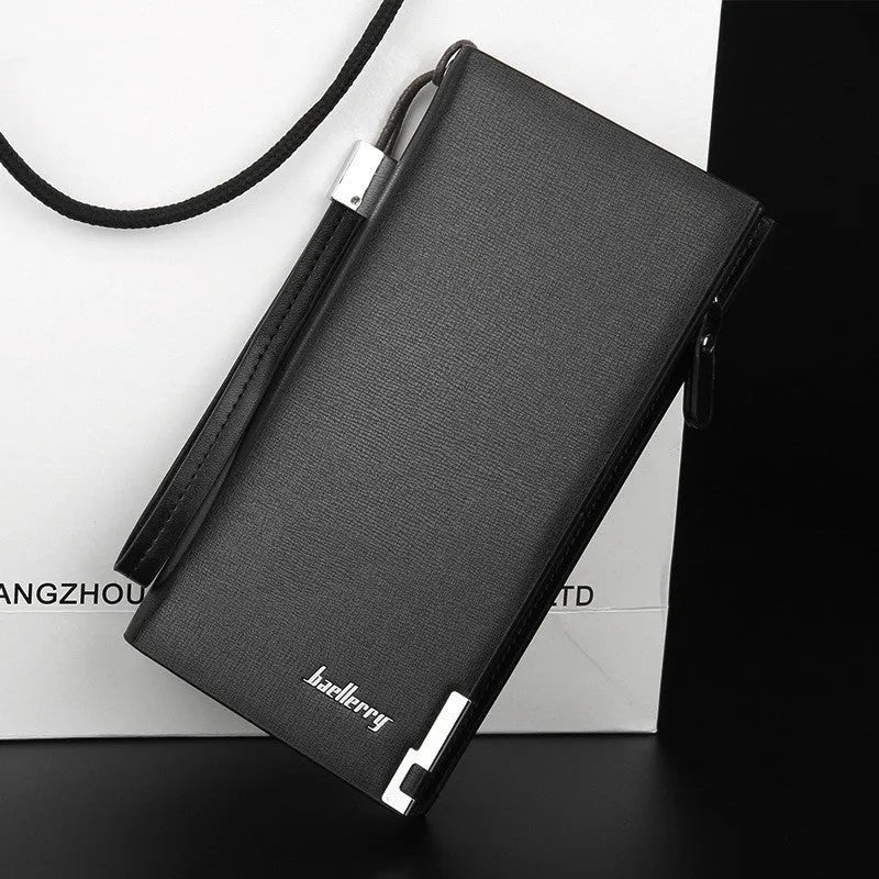 Men's long black PU leather zip wallet open showing card slots and cash compartment