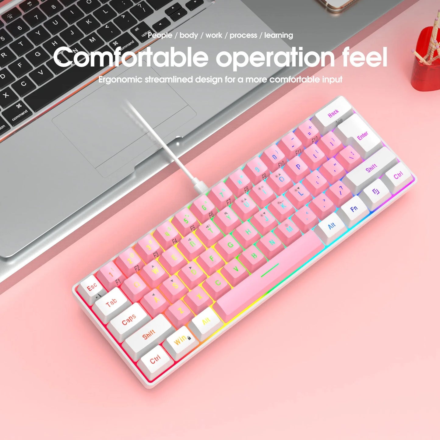 61-key wired membrane keyboard in white and black colour scheme with compact design