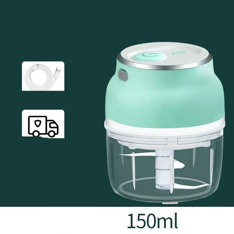 Green portable electric garlic chopper with transparent cup and USB charging cable