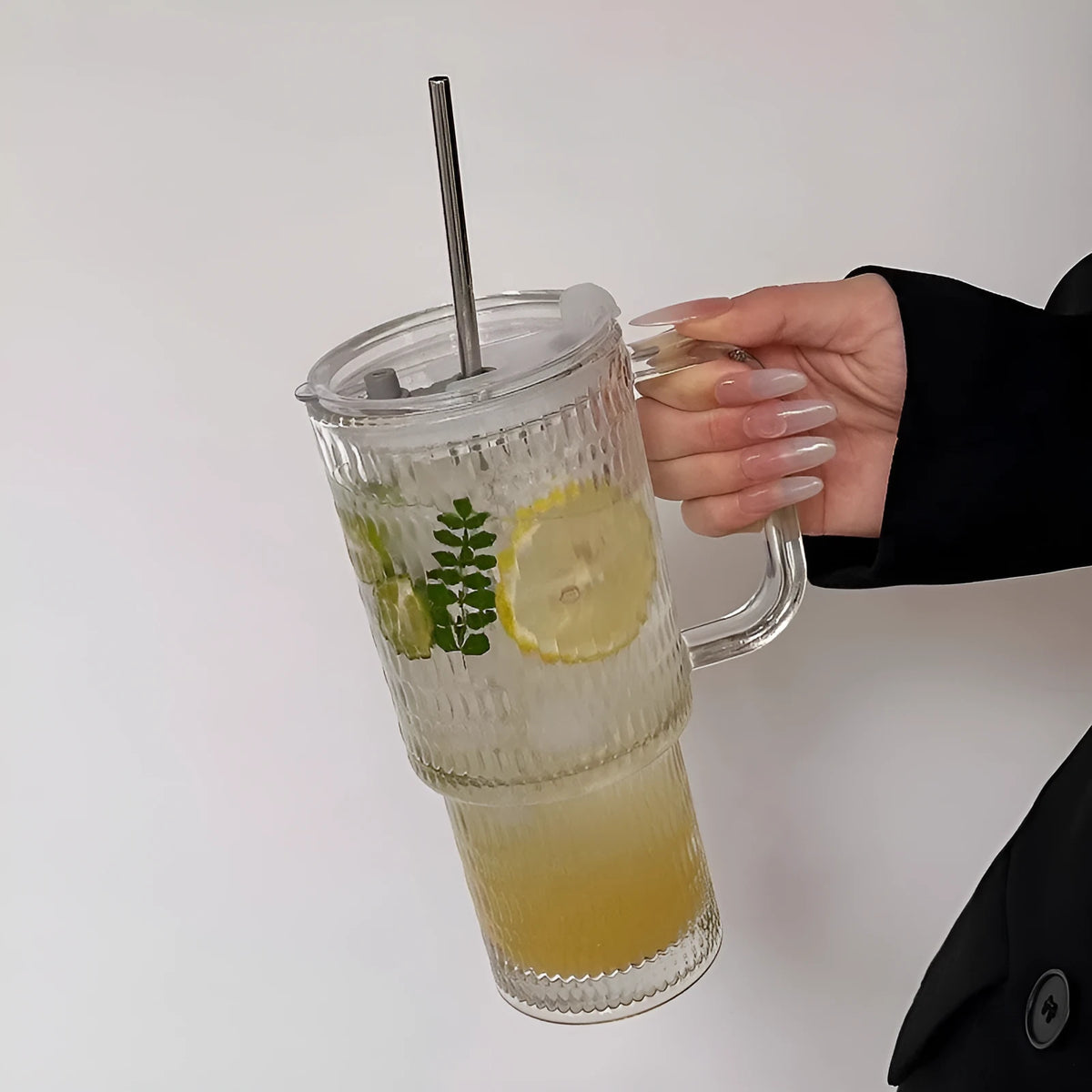 740ml round glass cup with handle, solid colour, available with lid and bent or straight straw
